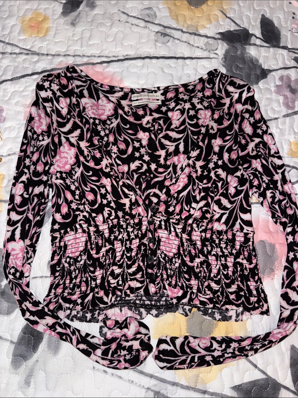 Urban Outfitters Black and Pink Floral Long-Sleeve Smocked Top
